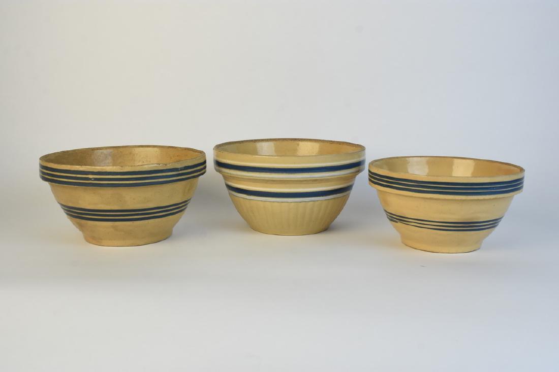 Set of 3 Yellow Ware Pottery Bowls W/ Blue Banding (1 of 10)
