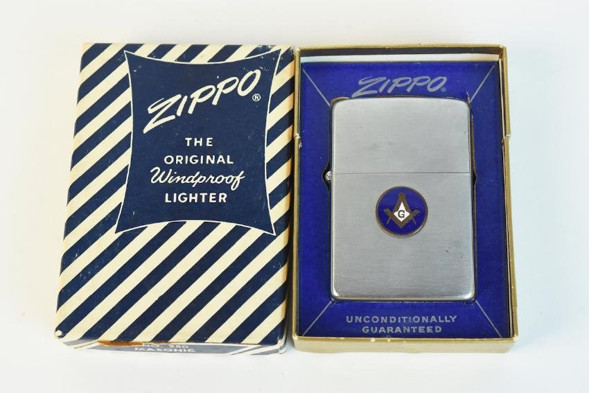 Masonic No. 280 Zippo; OB: Masonic No. 280 Zippo in original box. This Zippo is in like new condition and appears to have never been used. The box measures 2 1/4" x 3 1/4". Contact our recommended 3rd party "for profit" shipper