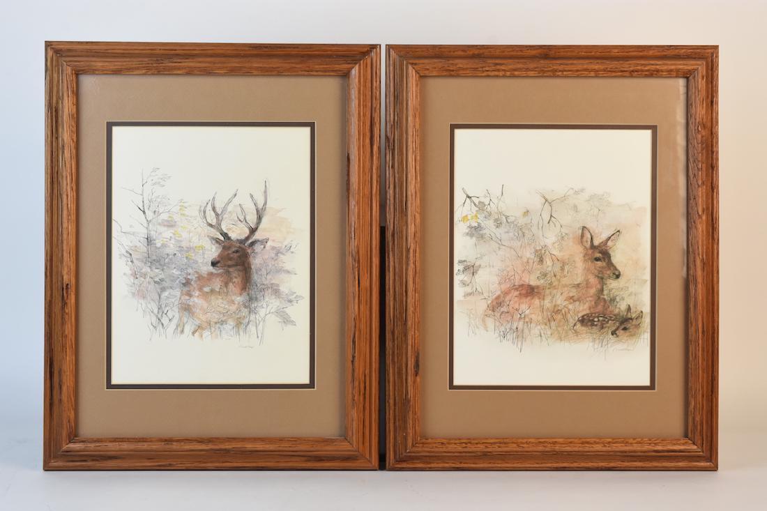Complementary Deer & Fawn Nature Prints by Mod Stg: Complementary deer and fawn nature prints by Danish artist Mads Stage (1922-2004). Deer and fawn resting in the muted fall scenery. Visible art measures 11" x 8 1/4". Frames measure 18 1/2" x 14 /2".