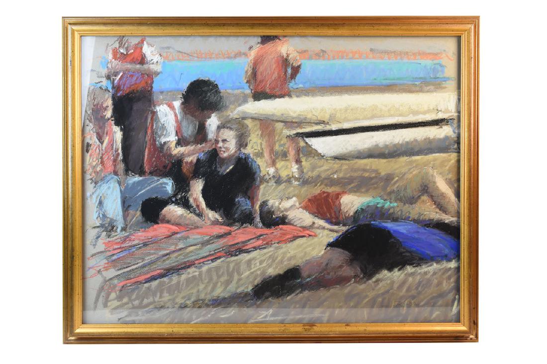 Jody de Pew McLeane Pastel on Paper; SLR: Jody de Pew McLeane original pastel on paper titled "Crew Races #1". This colorful pastel has a rowing theme and is signed by the artist. It is in very good condition with documentation on the back. I