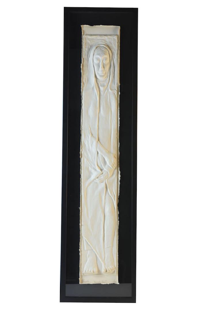 Lee Bliefeld Paper Sculpture "Hanna's Choice": Hand cast Twin Rocker paper sculpture titled "Hanna's Choice" by Indiana artist Lee Bliefeld. This sculpture depicts a beautiful saintly woman in a state of calmness. It is signed, numbered and titled