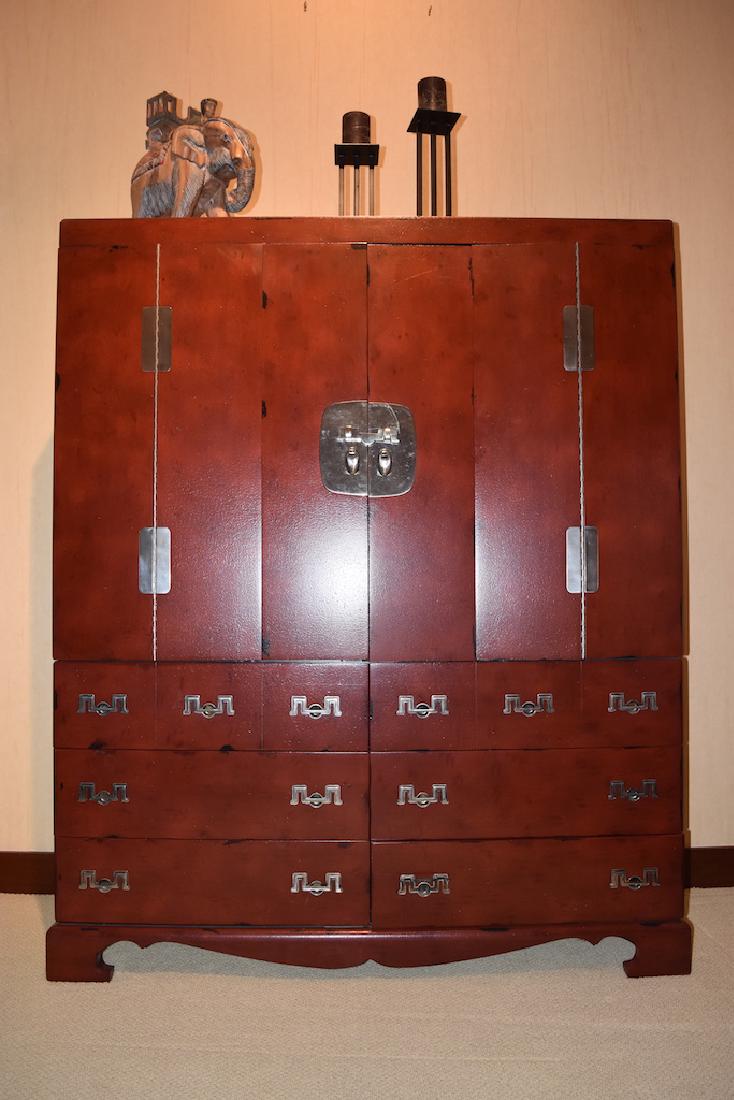Asian Media Cabinet by Henredon: Beautiful Asian media cabinet by Henredon with two split panel doors on the top section and 6 drawers on the lower section. The top two drawers are divided and the upper section has a shelf. It has a 