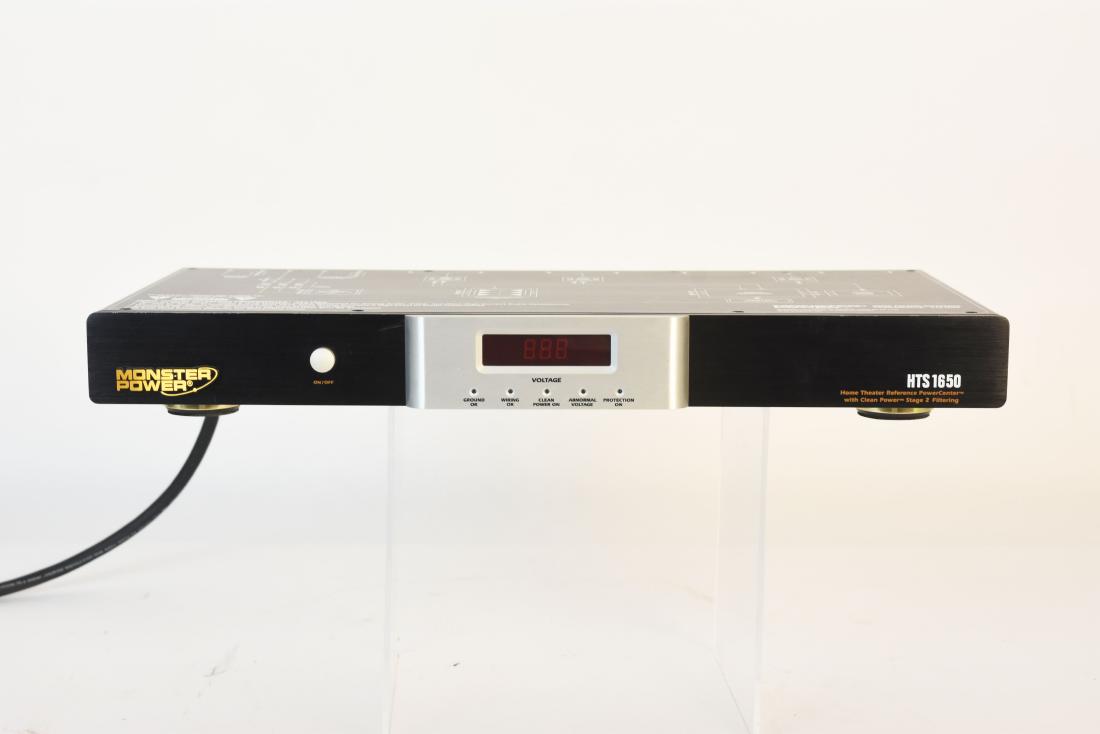 Monster Power HTS 1650 PowerCenter: Monster power HTS 1650 (8) outlet home theater reference powercenter with clean power stage 2 filtering. This serge protector is in good working condition. It measures 17" x 18 1/2". Contact our recom