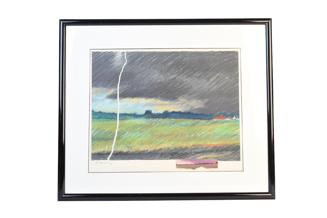 Original Landscape Chalk by R. Geible; SLL: Original landscape chalk on paper by artist R. Geible. This chalk is a rendition of the photograph included within the frame of an upcoming storm. Geible uses greys, green and blues to bring the image
