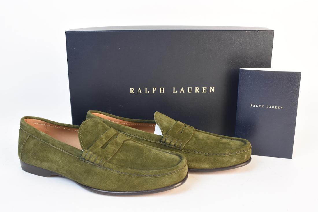 Men's Ralph Lauren Chalmers Suede Loafer, NIB: Italian made Ralph Lauren Chalmers suede loafer in olive greed. These size 8.5 D penny loafers are new in the box and were purchased at the Ralph Lauren store on Madison Ave. in New York, NY in 2018.