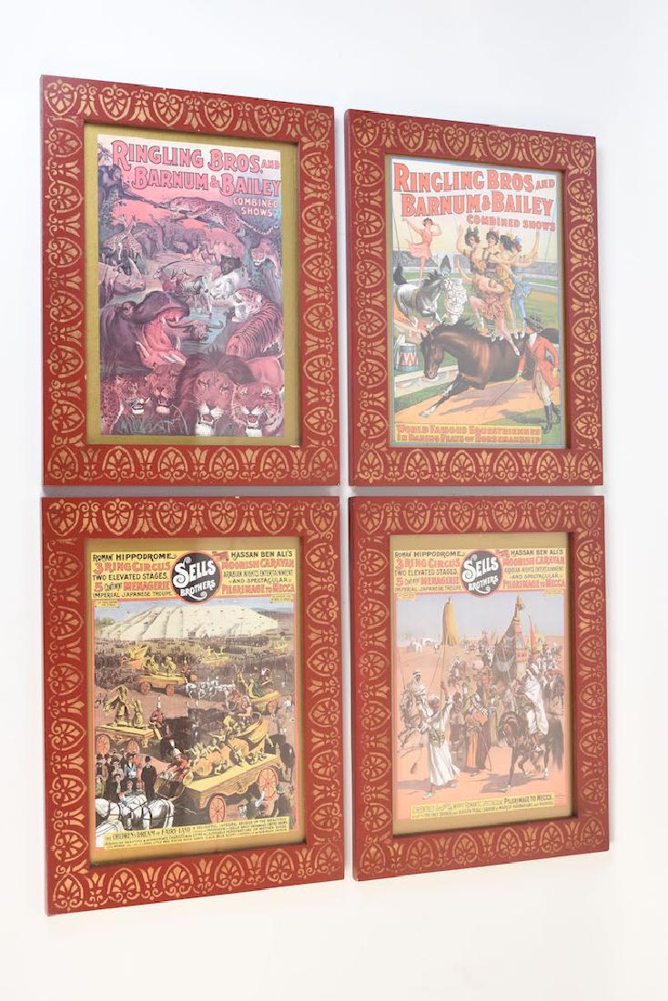 (4) Framed Circus Advertisements: (4) Color Circus advertisements with matching red and gold frames. There are two Ringling Bros. and Barnum & Bailey posters and two Sells Brothers posters featuring Roman Hippodrome and Hassan Ben Ali