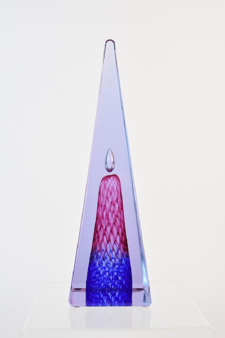 Caithness Obelisk Signed, Dated & Number 1/1: Caithness glass obelisk in purple and pink tones. It has a multi-colored cone in the middle with a controlled bubble hovering above. It is marked Caithness on the bottom and dated 1996 with the number