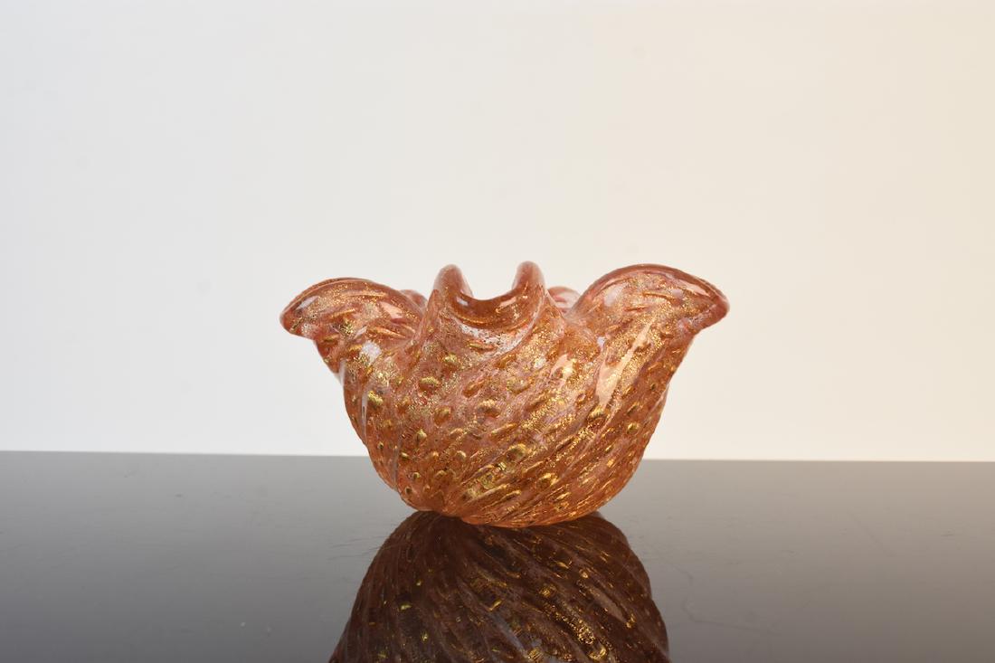 Art Glass Sea Star Dish; Murano?: Beautiful glass sea star dish with gold flecks and controlled bubbles set in an orange colored glass that forms a sea star. Most likely from Murano Art Glass Studio this piece is all about fun. It sta