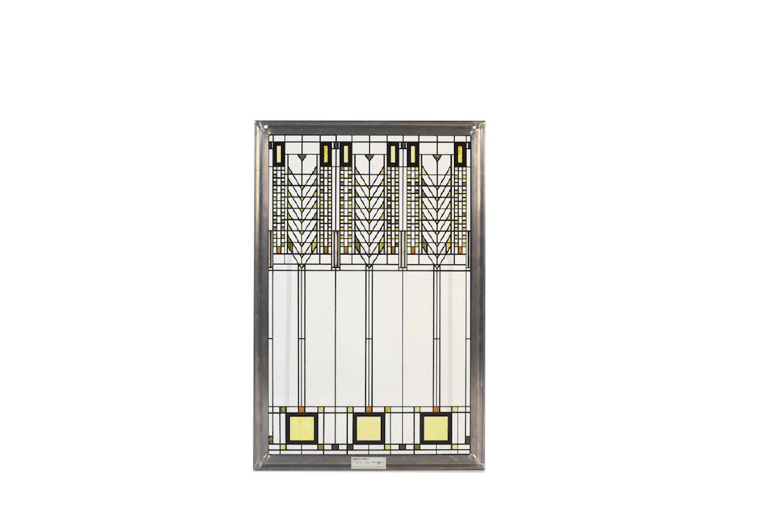 Frank Lloyd Wright Inspired Glass Panel: Frank Lloyd Wright inspired glass panel certified by the Frank Lloyd Wright foundation. This glass panel reveals one of Wright's more popular designs on a smaller scale. It comes with a chain and can