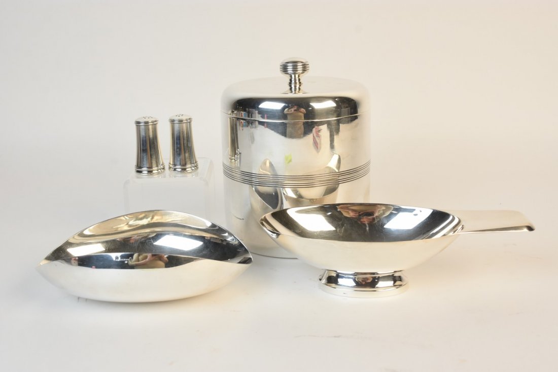 Christofle of Paris; Ice Bucket, Bowls +: Entertain in style with this assortment of Christofle from Paris including a lidded ice bucket 6 1/2" tall, an oblong pedestal bowl with handle, a modern shaped shallow dish and a salt and pepper shak