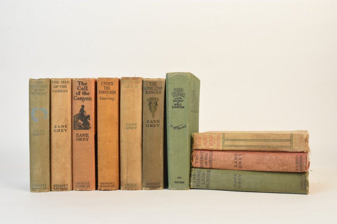 (9) Zane Grey Grosset & Dunlap Children's Books +: Fantastic collection of nine vintage Grosset & Dunlap children's books, several first editions, by popular and well loved American author Zane Grey (1872-1939). Titles include: "The Heritage of The De