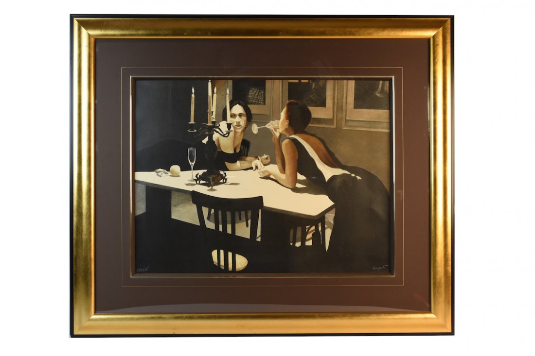 LE Ramon Lombarte Print, SLR: Spanish born Ramon Lombarte (b. 1956) signed print titled "Sunday Eleven O'clock". It is numbered 272/285 and in very good condition. It is framed and matted and measures 39" x 45 1/2". There are some