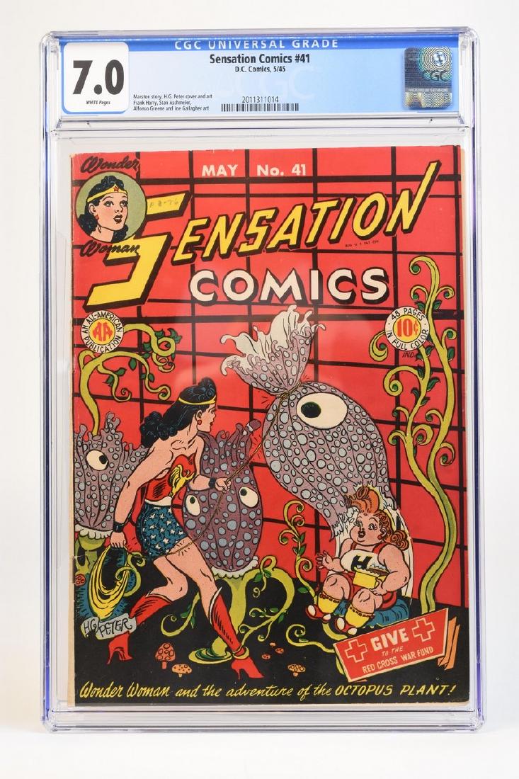 1945 Sensation Comics #41 CGC 7.0: 1945 Sensation Comics #41 CGC 7.0 (white pages) code 2011311014. Marston story, H. G. Peter cover and art. Frank Harry, Stan Aschmeier, Alfonso Greene and Joe Gallagher art. Contact our recommended 3r
