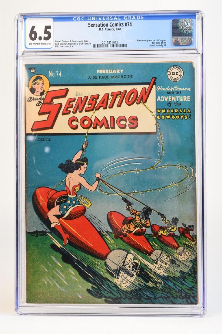 1948 Sensation Comics #74 CGC 6.5: 1948 Sensation Comics #74 Volume 1 with off-shite to white pages and a CGC grade of 6.5. Code 2011311012. Robert Kanigher & John Broome stories, Paul Reinman, Frank Harry and Gil Kane art, H.G. Peter 