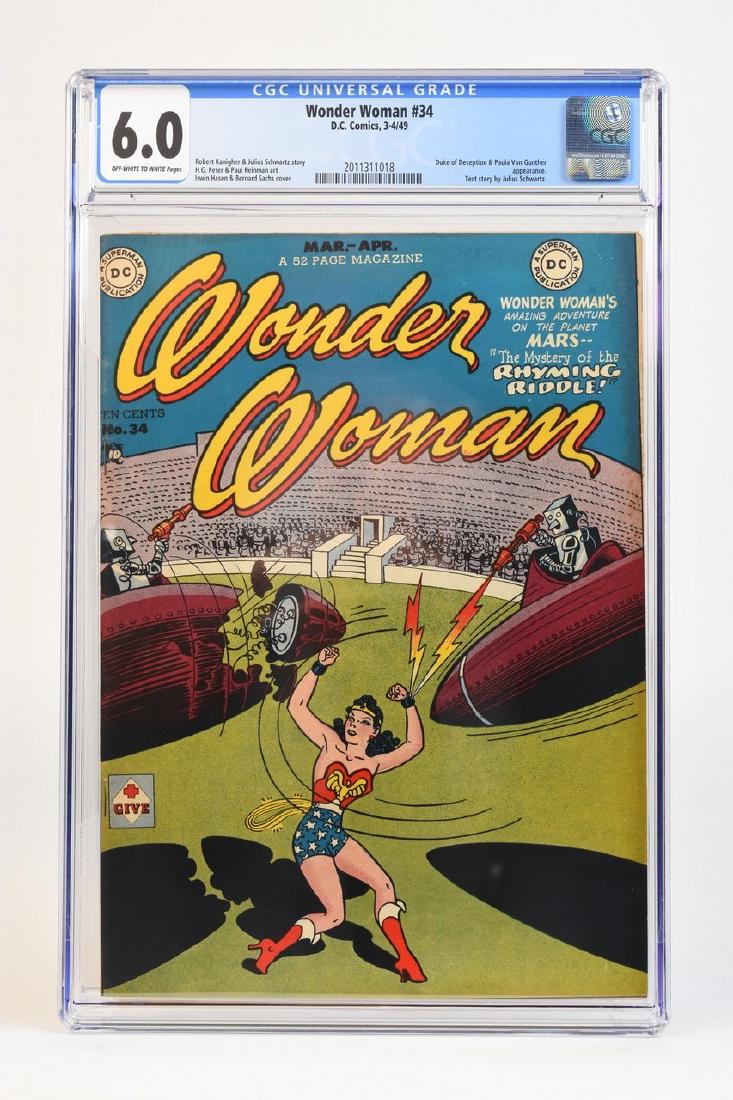 1949 Wonder Woman #34 CGC 6.0: 1949 Wonder Woman #34 Volume 1 with off-white to white pages with a CGC grade of 6.0. Code 2011311018. Robert Kanigher and Julius Schwarts story, H.G. Peter and Paul Reinman art, Irwin Hassen and Bern