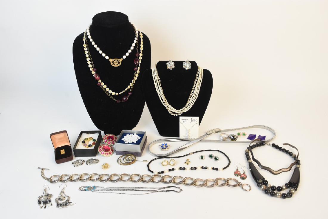 Costume Jewelry; Napier, Trifari, Sterling +: Collection of costume jewelry including napier earrings, Trifari necklace, plus retro belts, cubic zirconia sterling pendant and necklace, vintage beaded earrings, cats eye earrings, sterling box chai