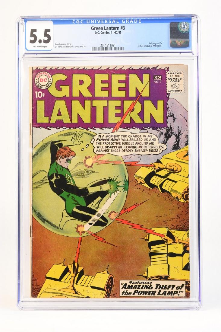 1960 Green Lantern #3 CGC 5.5: 1960 Green Lantern #3 CGC 5.5 (off-white pages) code 2011311021. John Broome story. Gil Kane and Joe Giella cover and art. Full page ad for Justice League of America #1. Contact our recommended 3rd pa