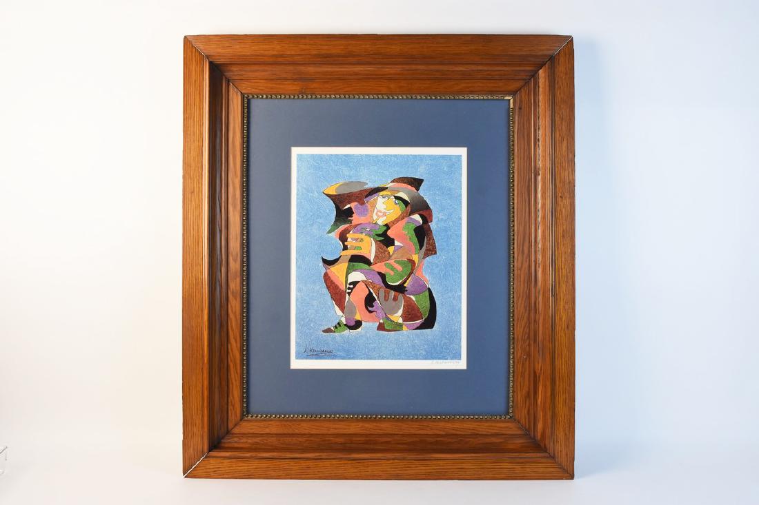 Signed Offset Litho after A. Krasnyansky: A limited edition offset lithograph after Anatole Krasnyansky (b. 1938, Russian) presented beneath blue and white matting; in an ornate wood frame with hanging wire affixed to the verso. The litho is