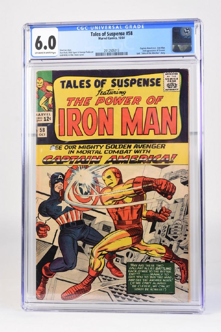 1964 Tales of Suspense #58 CGC 6.0: 1964 Tales of Suspense #58 CGC graded 6.0 (off-white to white pages) code is 2012505013. Stan Lee story; Don Heck, Dick Ayers & George Tuska art; Jack Kirby & Chic Stone cover. Captain America vs. Iro