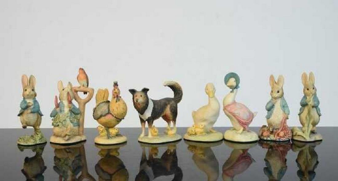 (8) Beatrix Potter Border Fine Arts Figurines: (8) Beatrix Potter figurines by Border Fine Arts including Peter Rabbit BPM9, Peter Rabbit Running BPM29, Peter Rabbit Eating Lettuce BPM27, Peter Rabbit with Onion Bag BPM31, Jemima Puddle-Duck BPM2,