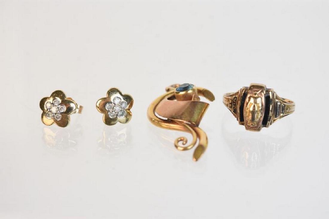 10K Gold Earrings, Pendant and Class Ring; 8g: 10K yellow gold flower petal shaped earrings with (6) diamonds in the center plus a 10K yellow gold pendant with blue centerpiece stone. Last we have Jostens 10K yellow gold class ring approx. size 6 