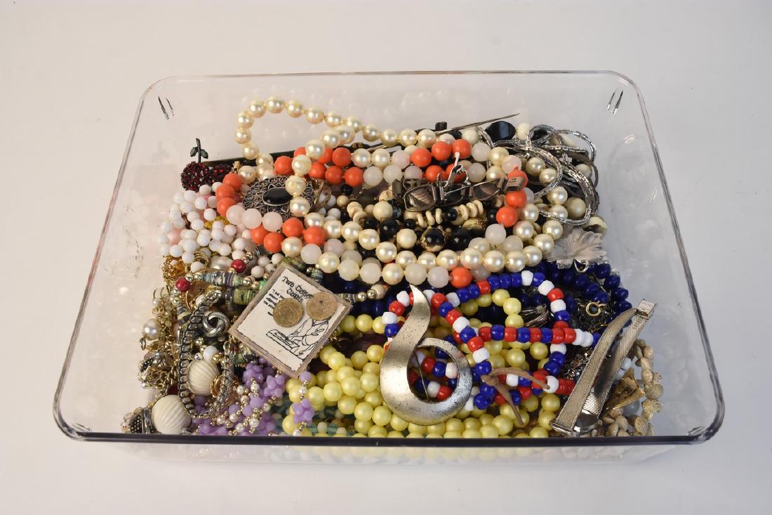 Costume Jewelry; Monet, Lisner, Sterling +: Collection of costume jewelry including Monet earrings, Lisner earrings, Vogue iridescent beaded earrings, rhinestone rose earrings, sterling brooch, sterling pin, sterling bracelet and many more neck