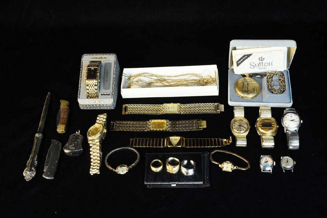 Men's & Women's Watches & Jewelry +: Men's watches include a silver toned Whittauer watch (working), a digital gold toned Timex SSQ, a nice imitation gold toned Rolex with date, a 21 jewel gold toned Timex with date, (2) unisex gold tone