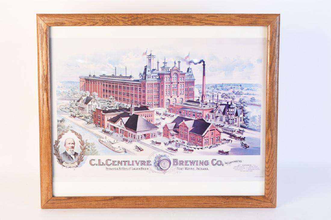 Centlivre Brewing Co. Beer Advertising Lithograph: An offset lithograph after an advertisement for C. L. Centlivre Brewing Co. of Fort Wayne, IN. The reproduction was produced by The Henderson Lithographing Company. The print is presented beneath glas