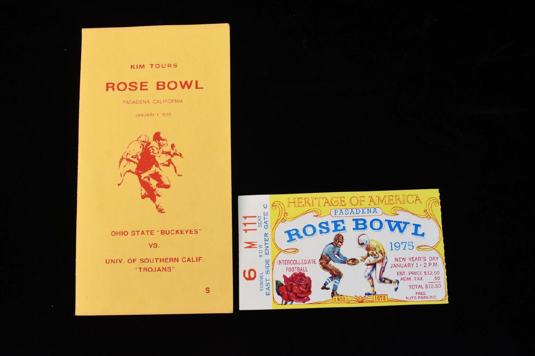 1975 Rose Bowl Ticket Stub: A Rose Bowl ticket stub. This college football game was held on January 1, 1975 and it featured Ohio State Buckeyes vs. University of Southern California Trojans. It is considered one of the most memo