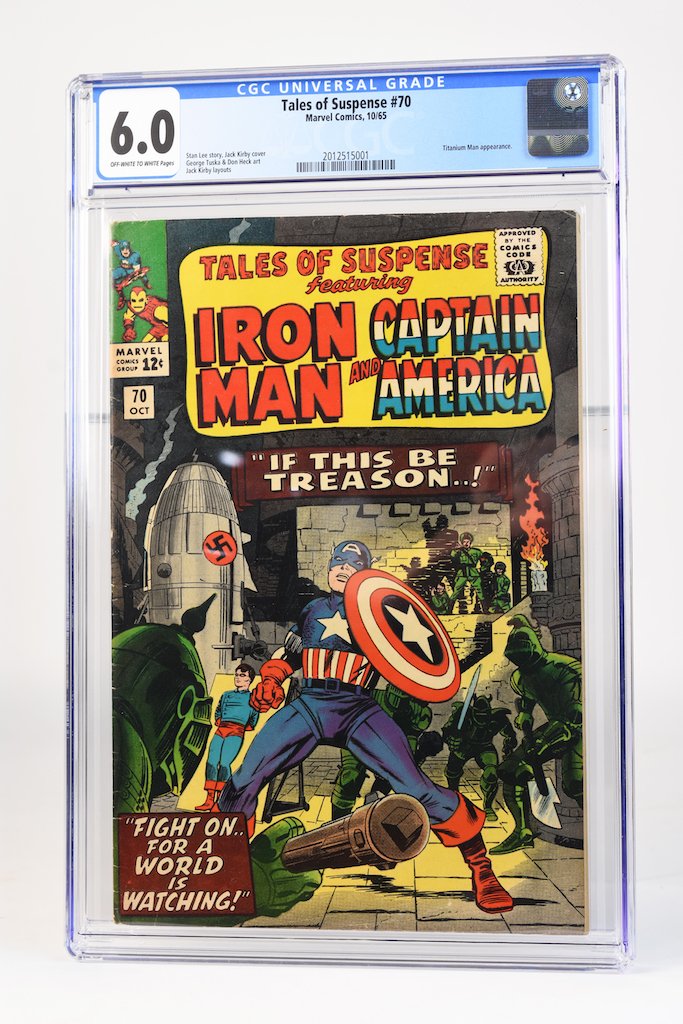 1965 Tales of Suspense #70 CGC 6.0: 1965 Tales of Suspense #70 CGC graded 6.0 (off-white to white pages) code is 2012515001. Stan Lee story, Jack Kirby cover. George Tuska & Don Heck art. Jack Kirby layouts. Titanium Man apperance. Cont