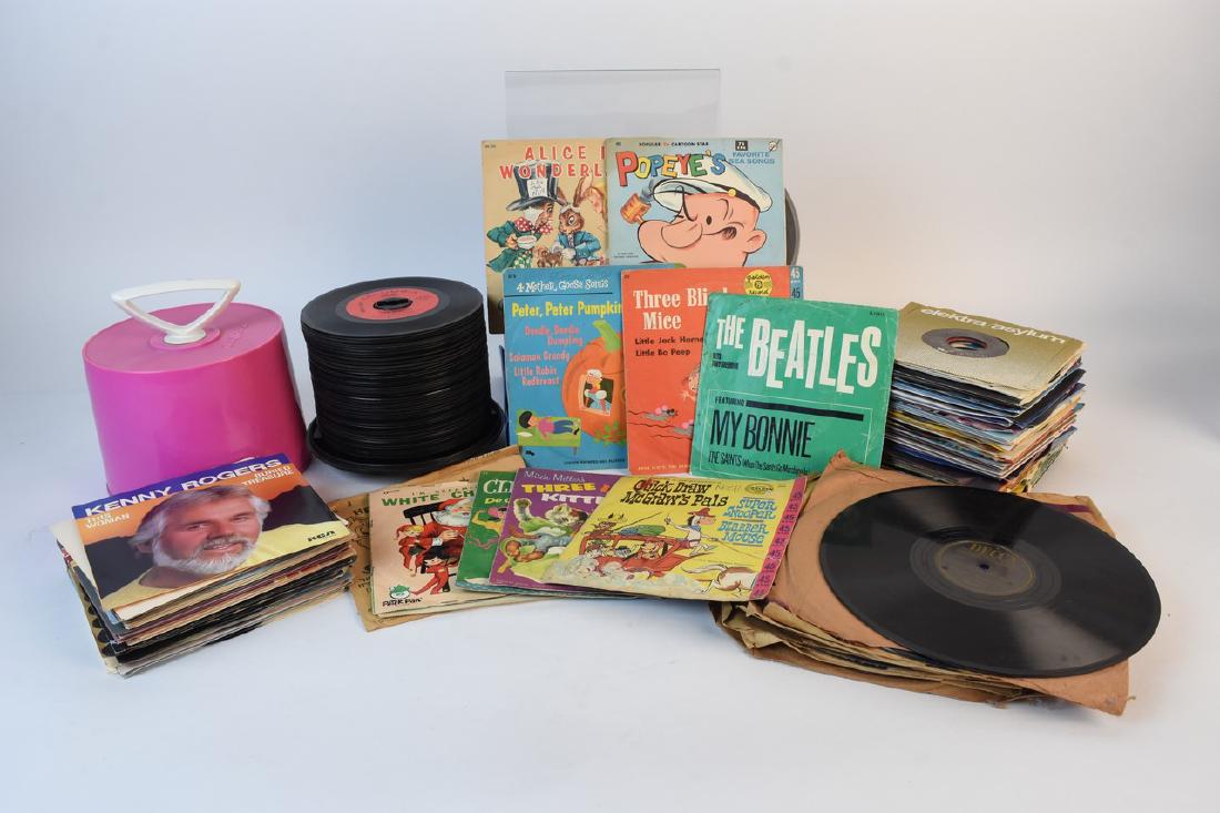 Assorted 78 RPM and 45 RPM Records: 45 and 78 RPM vinyl record albums including children's albums (Yogi Bear, Christmas, Popeye, etc.), Eddy Howard, Vaughn Monroe, Guy Lombardo, Al Goodman, Jack Richards, Harry James, Tony Martin, Ivory