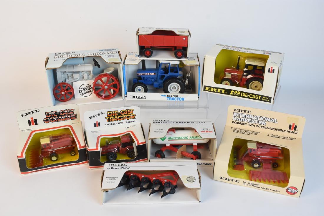 Ertl Diecast Farm Equipment: An assortment of Ertl diecast tractors and farm equipment. The assortment includes eight tractors or equipment in original packaging. They are 1:32, 1:80, 1:64 and 1:16 scale. Packaging shows tears, e
