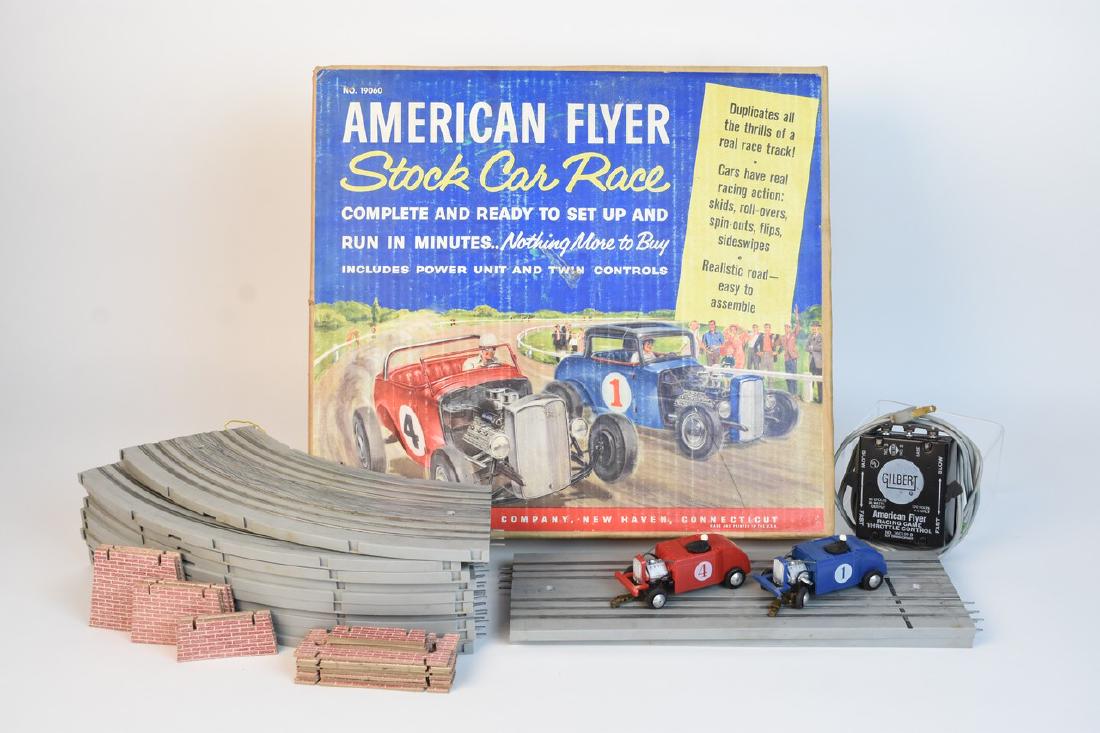 American Flyer Stock Car Race, 1960s: An American Flyer by A. C. Gilbert vintage stock car race set produced in the 1960s. Includes original packaging and instructions. Track shows surface scratches and pen marks; tears to instructions; e
