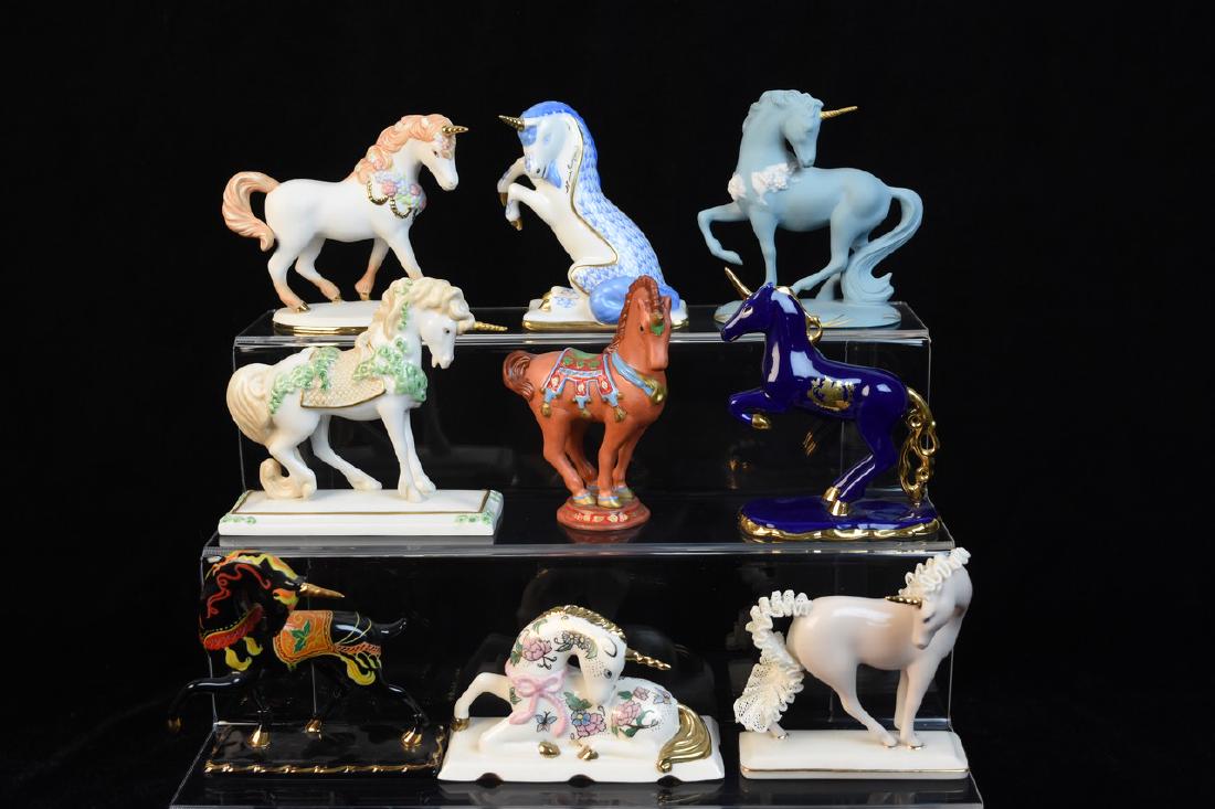 Franklin Mint "Treasury of Unicorns" Figurines: A collection of nine unicorn figurines from the "Treasury of Unicorns" series designed by David Cornell for The Franklin Mint. The unicorn styles include Belleek, Hungarian, Parian, Russian, Limoges,