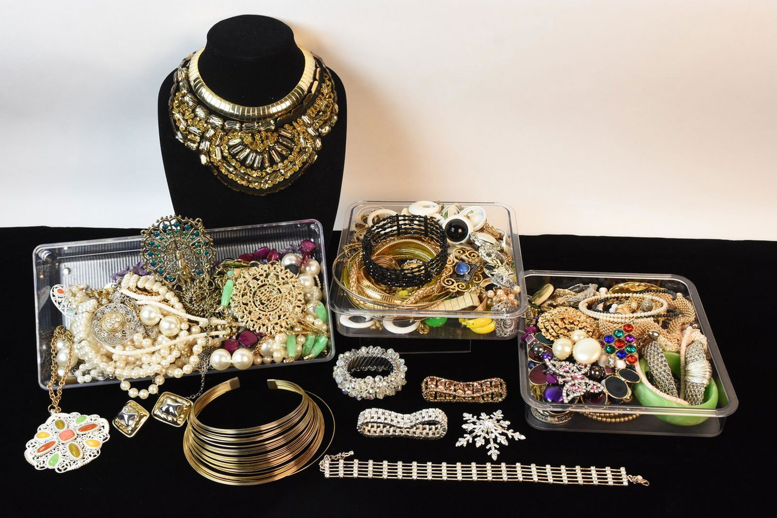 Assorted Costume Jewelry Incl. Marvella: An assortment of costume jewelry including brands such as Marvella, Trifari, Givenchy, Eisenberg Ice, Worthington, Coldwater Creek, and many more. Items include statement necklaces, chokers, rhineston