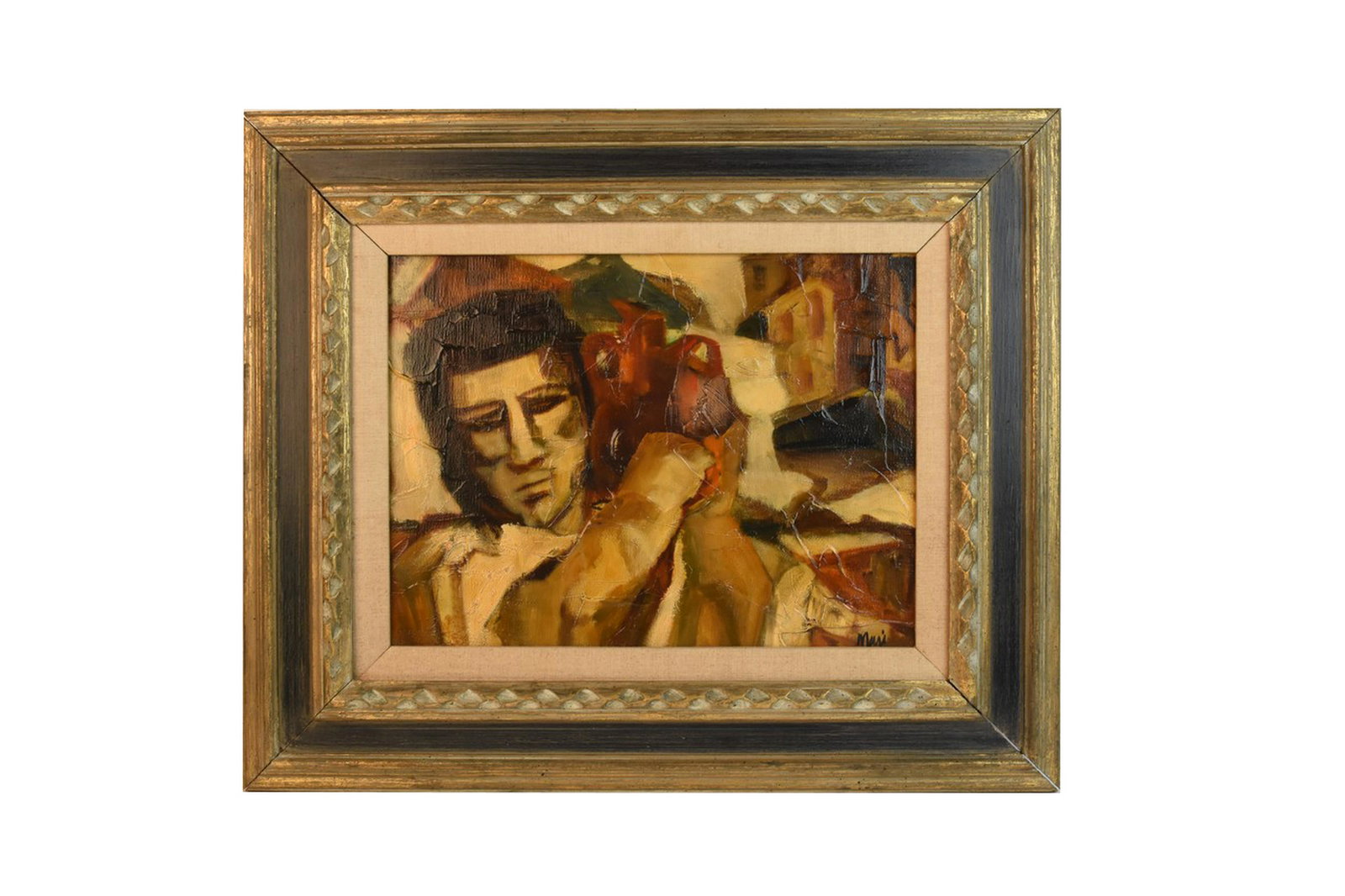 Original Oil Painting of a Man, SLR Muri: A painting of a dark complected man carrying a piece of pottery on his shoulder, SLR "Muri"; presented beneath fabric matting and encompassed by a wooden frame with hanging wire affixed to the verso.