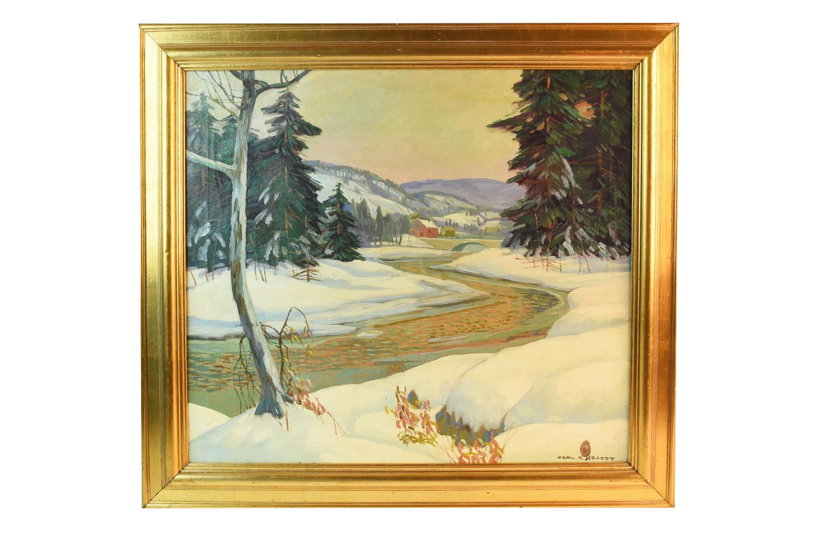 Carl R. Krafft Winter Scene Oil on Canvas, SLR: Carl R. Krafft (Ohio/ Illinois 1884-1938) titled "One Winter Day" oil on canvas dated 1938, SLR. Carl Krafft's works have been exhibited at The National Academy, New York, and Chicago Art Institute, t