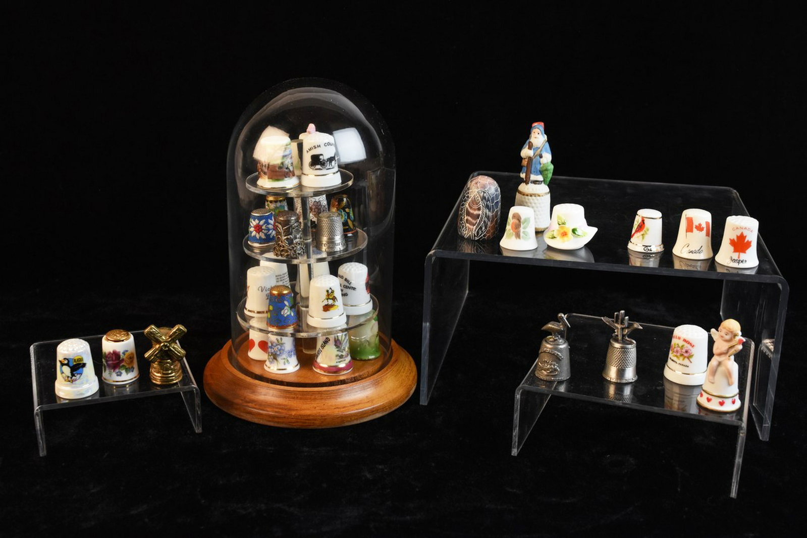 (38) Thimbles Incl. Sterling: A collection of thimbles including one marked "Sterling" (0.20 ozt). Other thimbles include Cloisonné, black lacquer, and fine china. Maker's Marks include Finsbury, Enesco, Mason's Iron Stone, Stouf