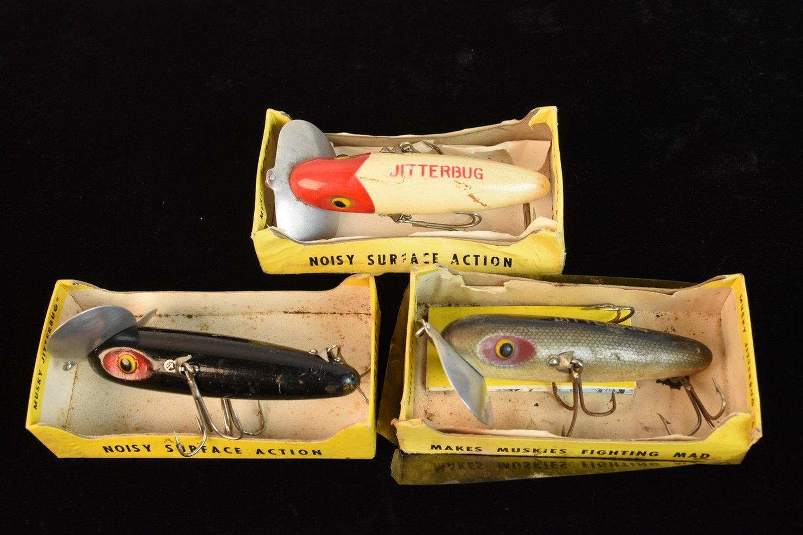 (3) Arbogast Musky Jitterbug Fishing Lures: (3) Arbogast Musky Jitterbug fishing lures. Lures No. 700F, 700R, the other is too faint to make out. Contact our recommended 3rd party "for profit" shipper Pak Mail at (260) 637-4809 or contact@pakma