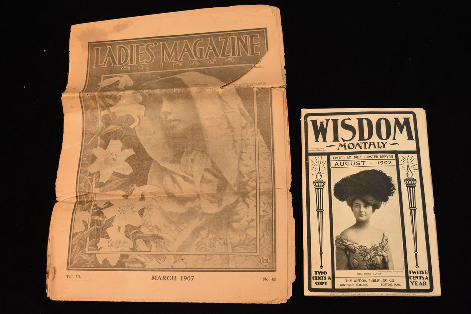 Antique Magazines Incl. "Wisdom Monthly": A pair of early 20th century publications including a copy of "Wisdom Monthly" magazine (August 1902, Wisdom Publishing Co.) featuring an article on Elbert Hubbard. Also featured is a copy of "Ladies'