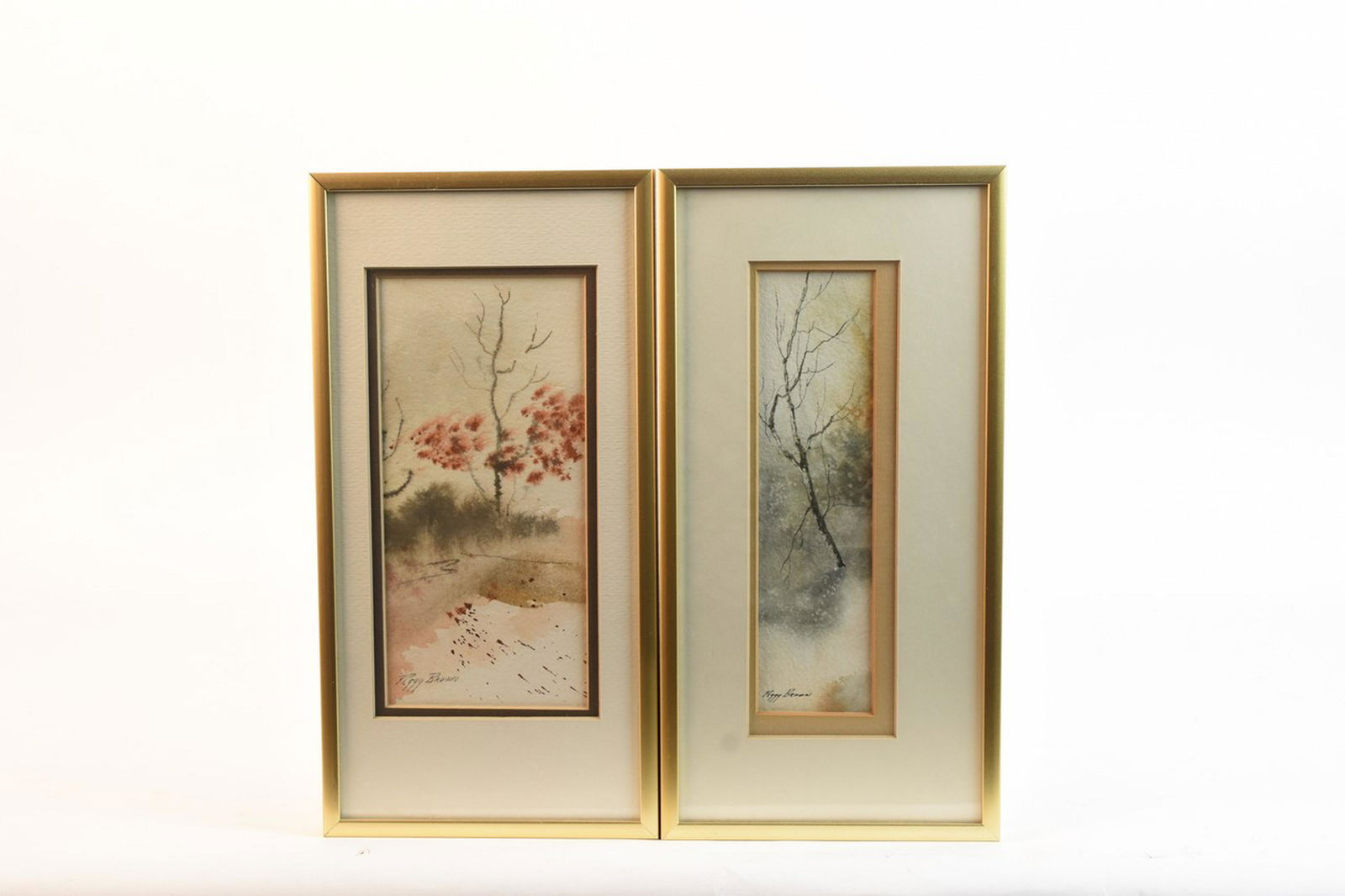 Peggy Brown Framed Watercolors: A pair of framed watercolors by Fort Wayne artist Peggy Brown (b. 1934). The pieces are signed by hand in pen to the lower left. Encompassed by gold tone metal frame under glass and matting. Hanging w
