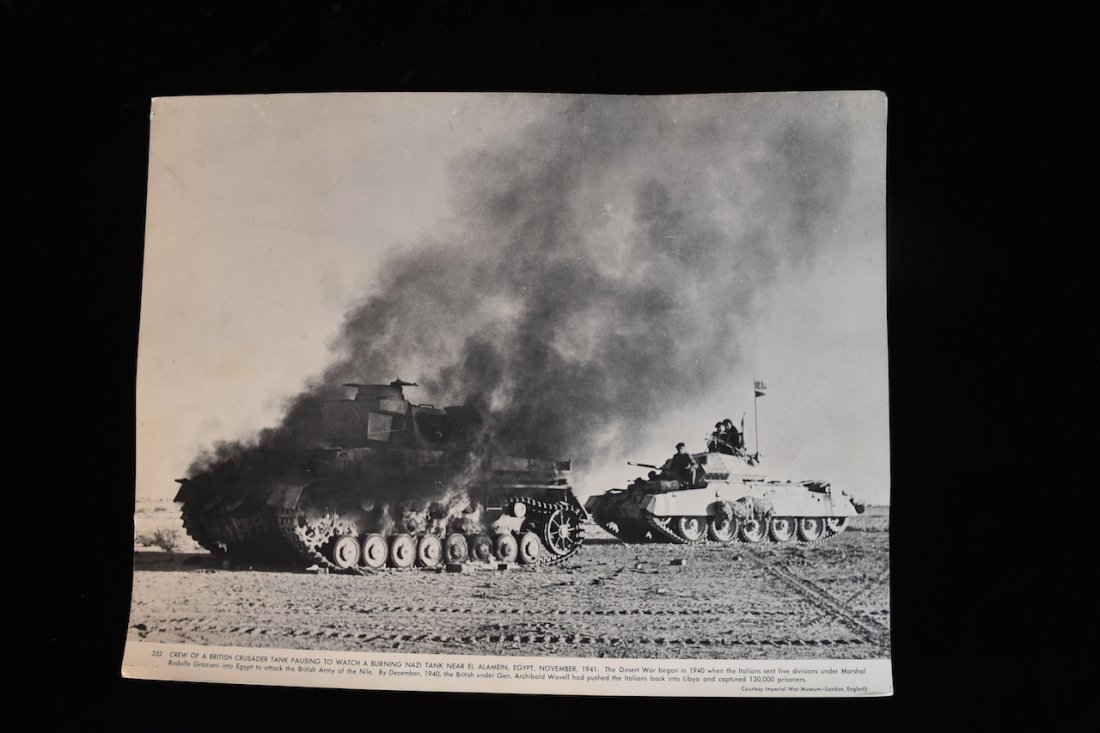 8 x 10 B&W Crew of British Crusader Tank: Here we have an 8 x 10 black and white photo depicting a crew of a British Crusader Tank pausing to watch a burning German tank near El Alamein, Egypt, November, 1941. Courtesy Imperial War Museum - L
