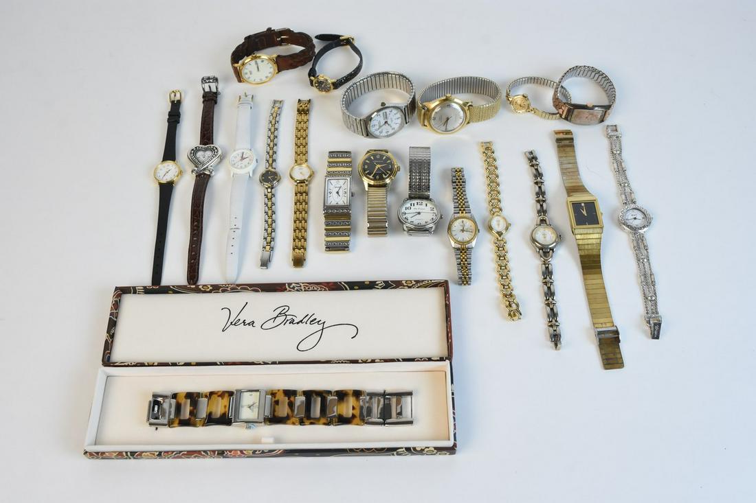 (20) Women's Watches Incl. Vera Bradley: An assortment of twenty ladies watches including Vera Bradley. Other brands include Benrus, Timex, Brighton, Seiko, Caravelle By Bulova, and more. Gold tone, silver tone, and leather bands. Condition 