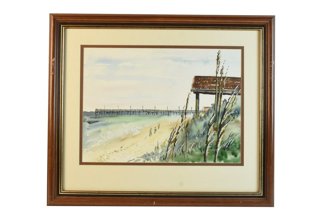 Don Goss Original Watercolor "Nags Head Lookout": An original watercolor painting by local Fort Wayne artist and former Elmhurst teacher Don Goss (1931-2019) of a Nags Head Island beach titled "Nags Head Lookout (North Carolina)". It is signed to the