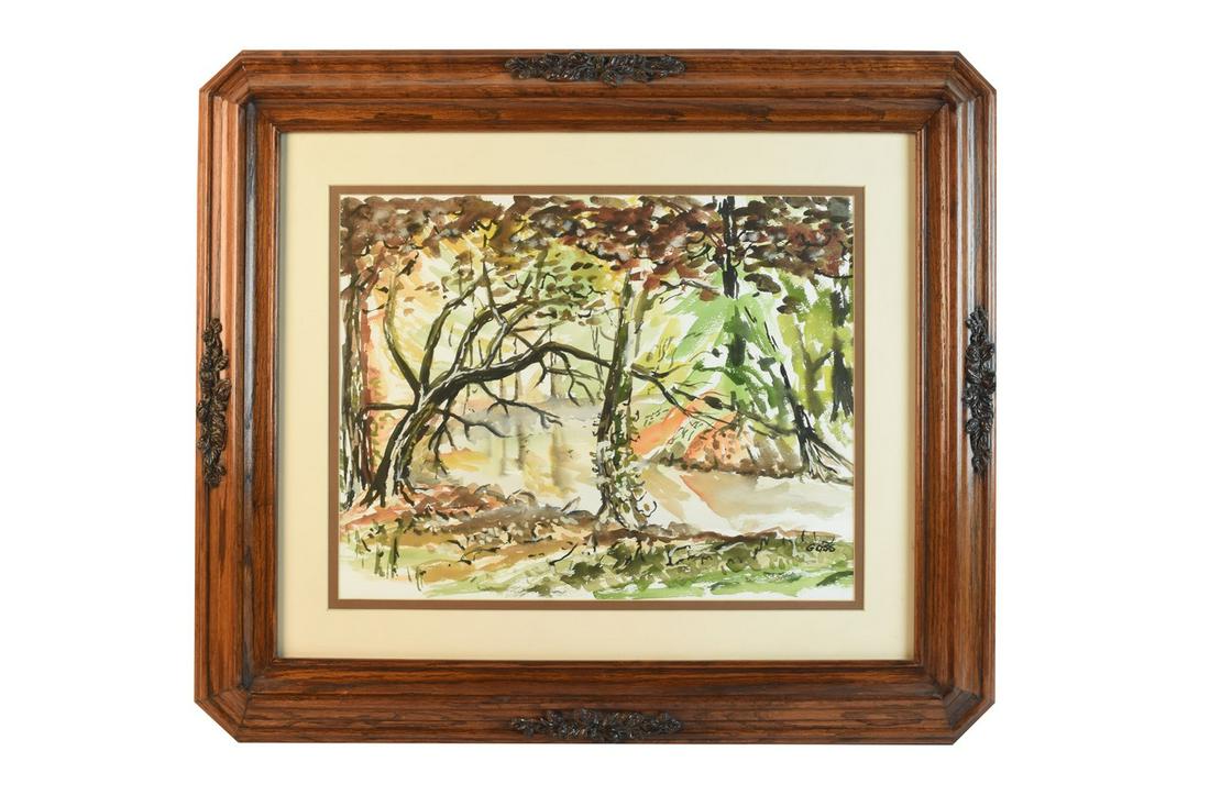Don Goss Original Watercolor of a Forest: An original watercolor painting by local Fort Wayne artist and former Elmhurst teacher Don Goss (1931-2019) wooded path. It is signed to the lower right. It is presented beneath glass, double matting,