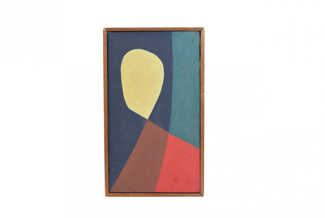 Don Goss Original Oil Painting "Spirit of Jane": An original oil painting on canvas titled "Spirit of Jane" by local Fort Wayne artist and former Elmhurst teacher Don Goss (1931-2019). The abstract piece depicts shapes in shades of yellow, blue, and