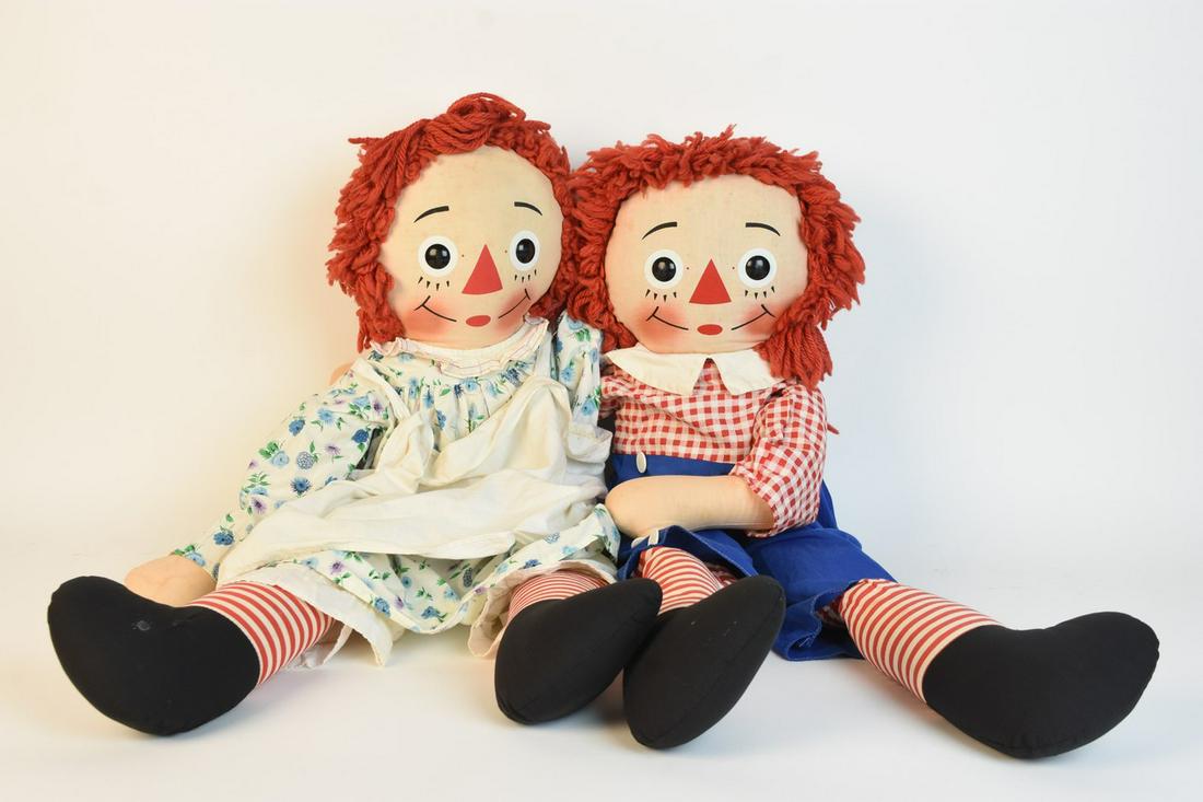 1960's Knickerbocker Ragedy Ann & Andy 31" Dolls: 1960's Knickerbocker Ragedy Ann and Andy folk art stuffed dolls, made in Hong Kong, 31" long. Andy is adoring the tradition blue knicker bockers and red and white plaid top one piece outfit, tagged Jo