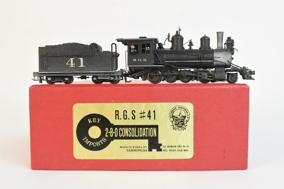 Key Imports RGS 2-8-0 #41 w/ Coal Tender, HOn3: Key Imports R.G.S #41 2-8-0 Consolidation, HOn3, made in Korea by Samhongsa. Comes in original box with original paperwork. Normal wear, overall good, UNTESTED. Box measures