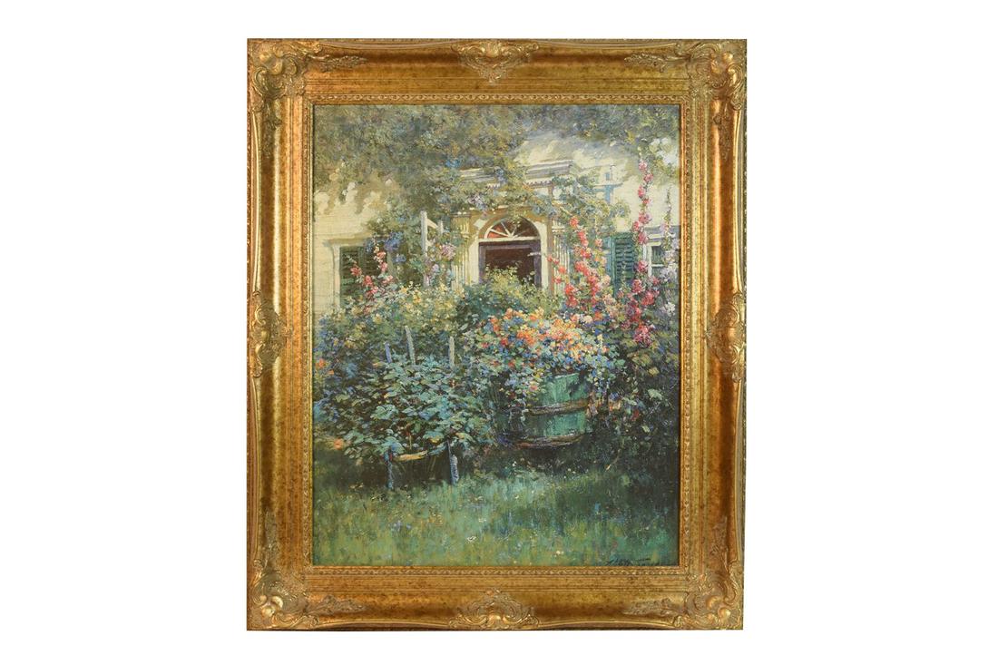 Abbott Graves Brushstrokes Painting: Abbott Graves (1859-1936), an artist enchanced painting, titled "Kennebunk Port Doorway" from the Brushstrokes Collection, 443/980. Frame measures 32" x 38". Contact our recommended 3rd party "for pro