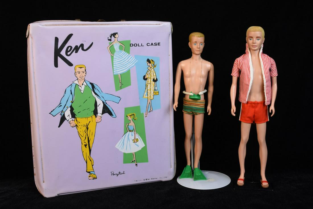 1960s Ken Dolls, Clothing, and Case; Incl. Flocked: A pair of Mattel Ken dolls including a 1961 doll with flocked hair in the #750 outfit; and a 1964 doll marked "Japan" on its foot wearing the #1406 snorkel gear. Accessories and clothing include a 196